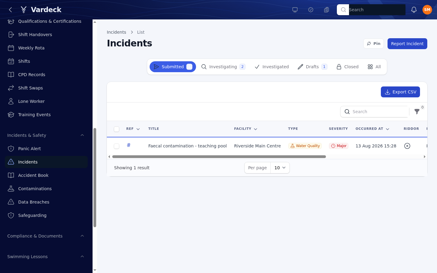 Vardeck incident management with RIDDOR deadline tracking