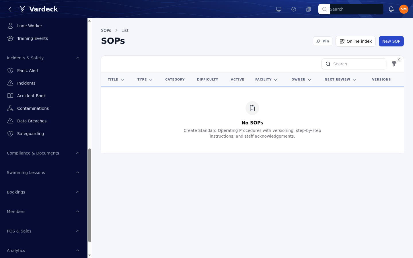 Vardeck SOP library with published procedures and QR access